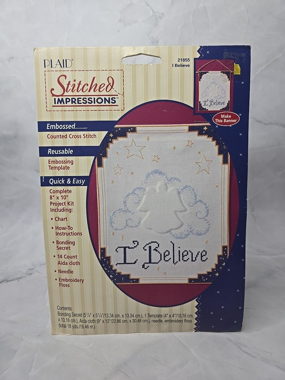 1995 Plaid Stitched Impressions Embossed Counted Cross Stitch Kit I Believe